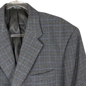 CHAPS Ralph Lauren 46L Gray Blue Houndstooth Check Wool Tweed Blazer Jacket
